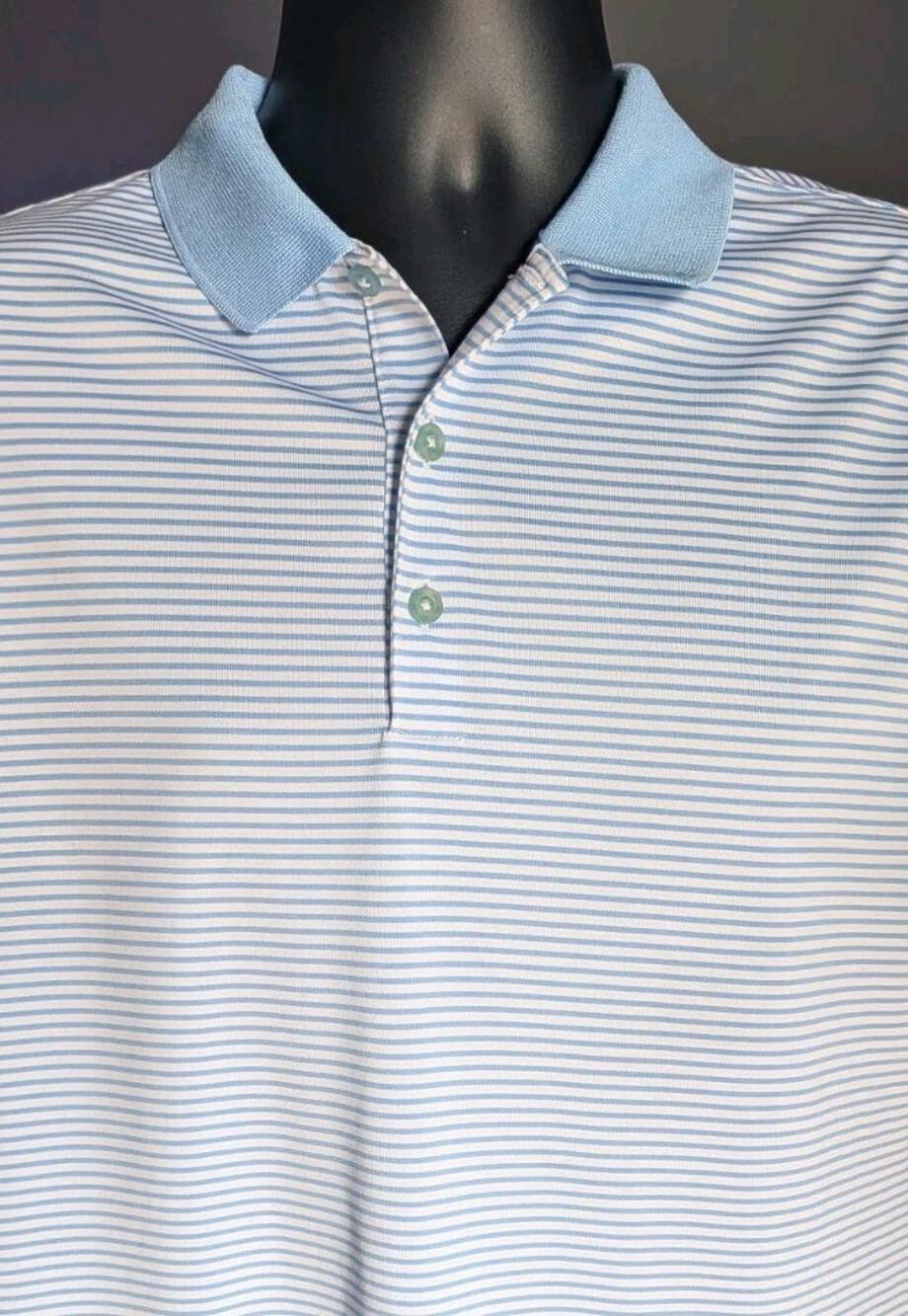 Nike Golf Polo Mens M Blue White Striped Dri-FIT Standard Fit Swoosh Shirt